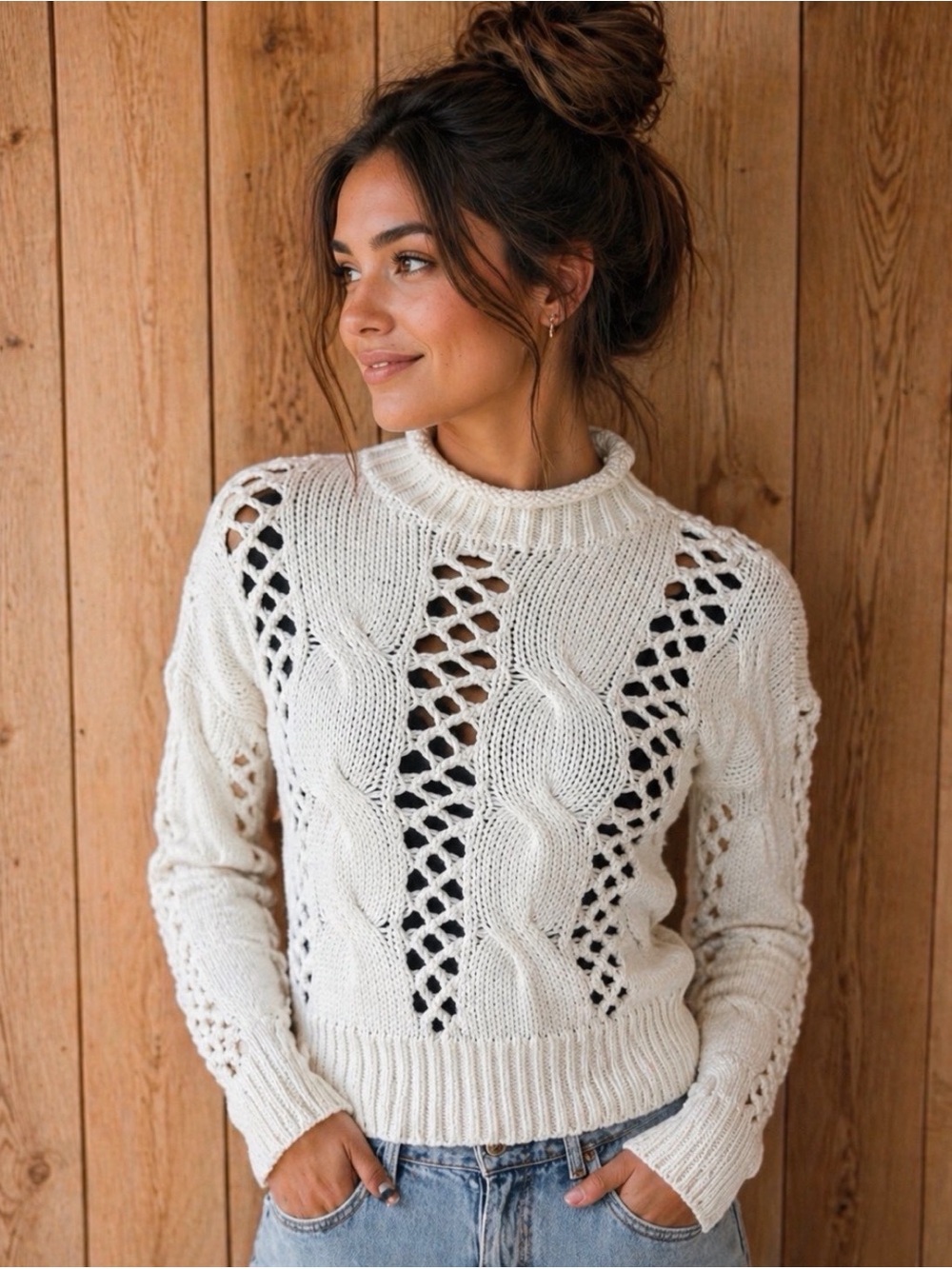 Express Open Knit Cable Knit Sweater White Mock Rolled Neck - Size XS - NWOT